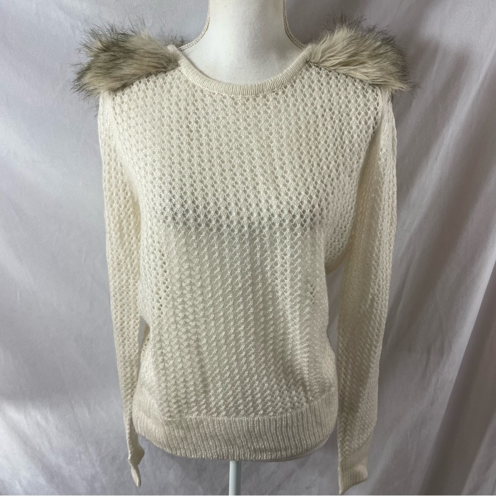Topshop Cream Open Knit Faux Fur Shoulder detail Sweater